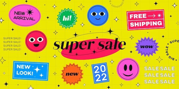 Cool trendy sale stickers banner vectorillustratie. nieuwe collectie, wow, super sale, 2022-badges.