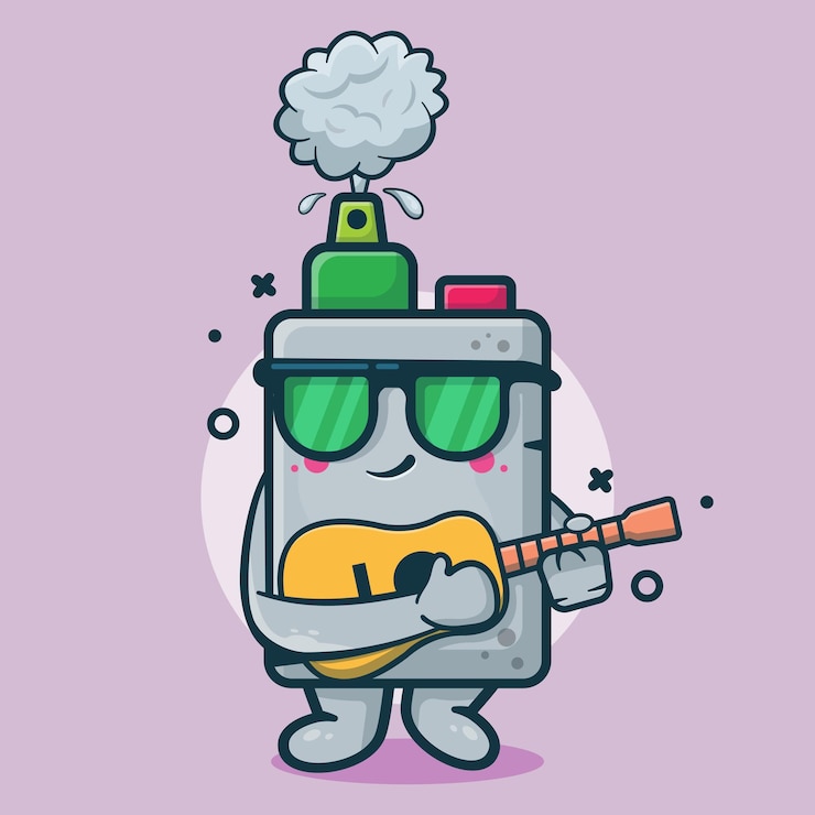 Vector cool vape electronic cigarette character mascot playing guitar isolated cartoon in flat style design