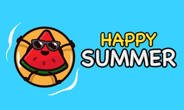 Cool watermelon mascot in summer holiday banner template