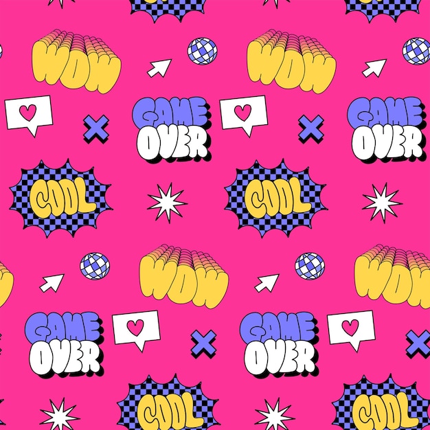 Cool wow game over vintage seamless pattern with a s quotes and words in neon bright colors vector h