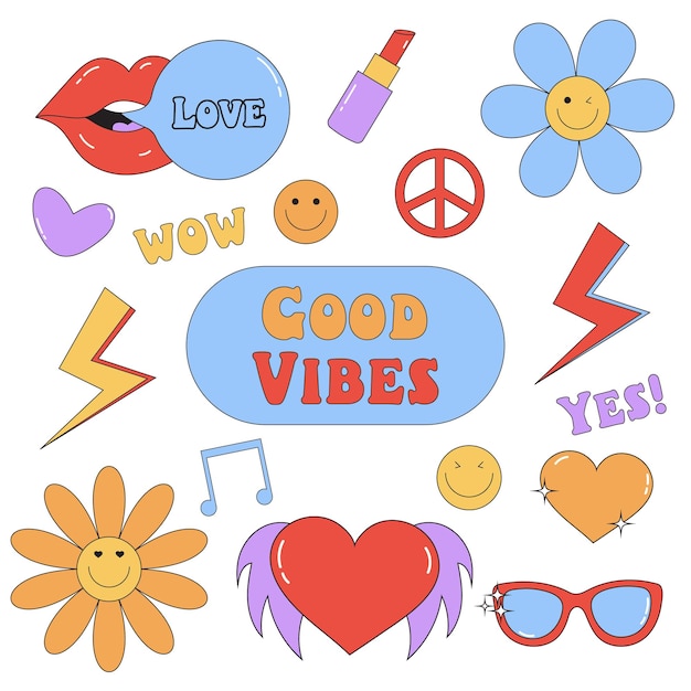Cool Y2K Stickers Pack Trendy love element in Groovy style Pop Art Labels Vector Design
