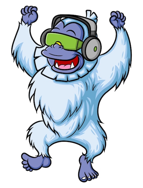 Vector the cool yeti is listening to a music and dancing