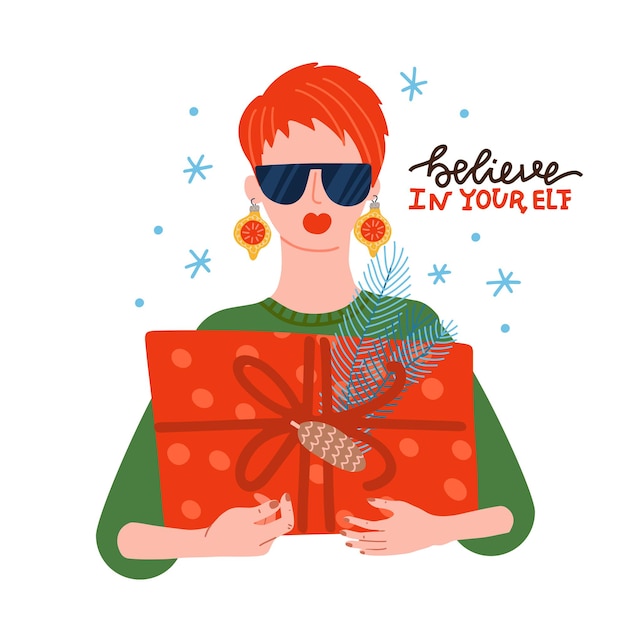 Vector cool young girl wearing sunglasses and baubles as earings with xmas gift box in hands festive holida...