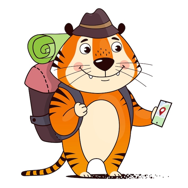 Coole cartoon-toeristische tijger met een rugzak navigeert met de smartphone