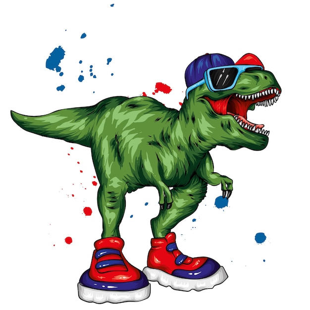 Coole dinosaurus in sneakers, bril en een pet.