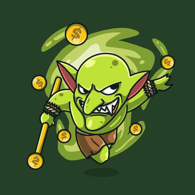 Coole goblin pictogram illustratie de gelddief platte cartoon concept premium kwaliteit vectoren