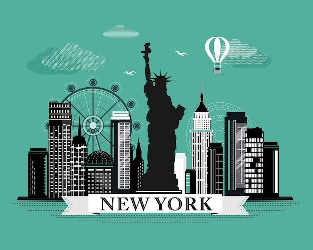 Coole grafische skyline van New York City poster met retro ogende gedetailleerde elementen. New York landschap met oriëntatiepunten