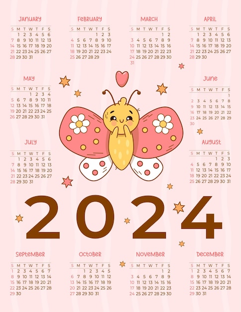 Coole jaarkalender 2024 Leuke vlinder op roze achtergrond sjabloon 12 maanden Engelse Week op zondag