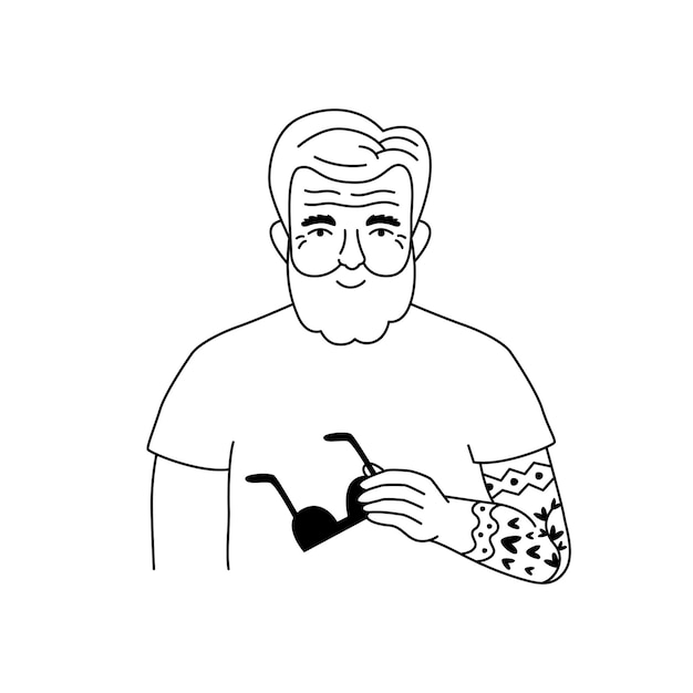Coole oude man met tatoeage en zonnebril Lijntekeningen doodle illustratie voor gedrukte grafische ontwerpstickers en postersjabloon
