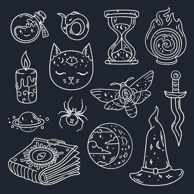 Coole set met mystieke attributen en dingen in vector doodle magische patch-badges en spelden