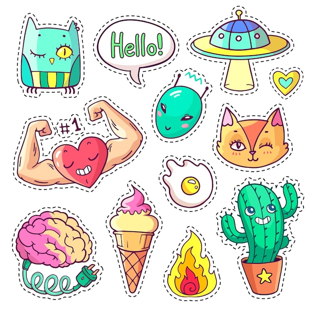 Coole set stickers in de jaren 80 en 90 Trendy patch-badges en spelden met stripfiguren dieren Vector