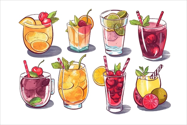 Cooling drinks with fruits Isolated on background Cartoon vector illustration