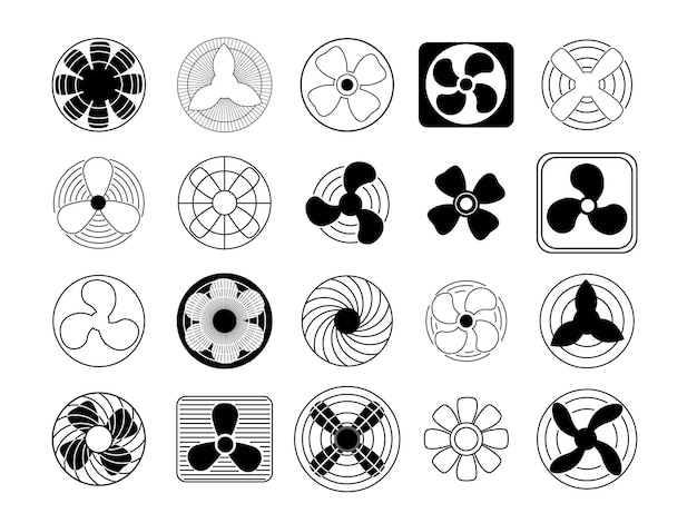 Cooling fans Cool propeller blades climate equipment symbols and electric wind fan Computer coolers vector icon set