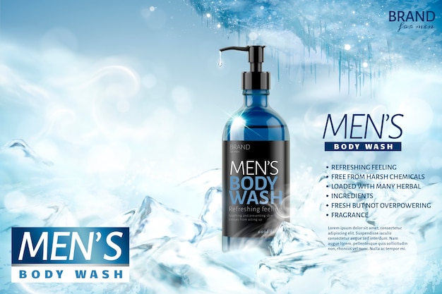 Cooling men's body wash  on frozen background