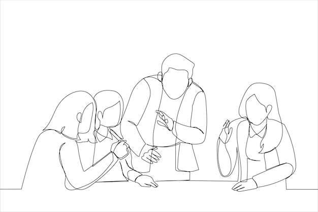 cooperate with diverse team at office briefing single continuous line art style