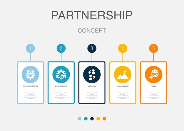 Cooperation assistance mission teamwork goal icons Infographic design layout template Creative presentation concept with 5 steps