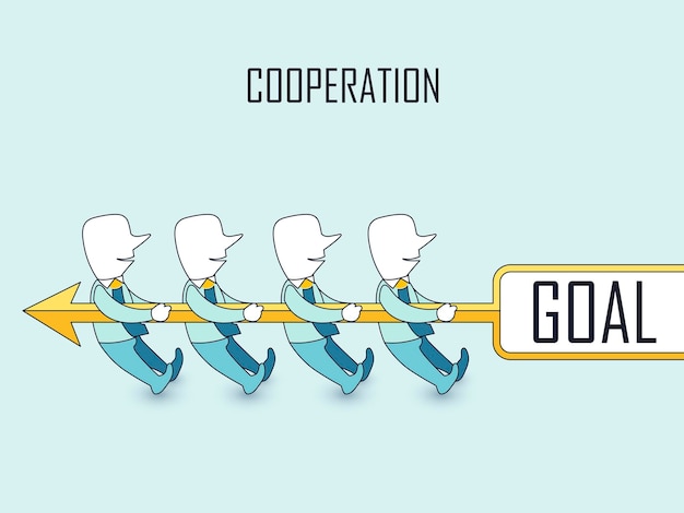 Cooperation concept: businessmen doing tug of war with their goal in line style