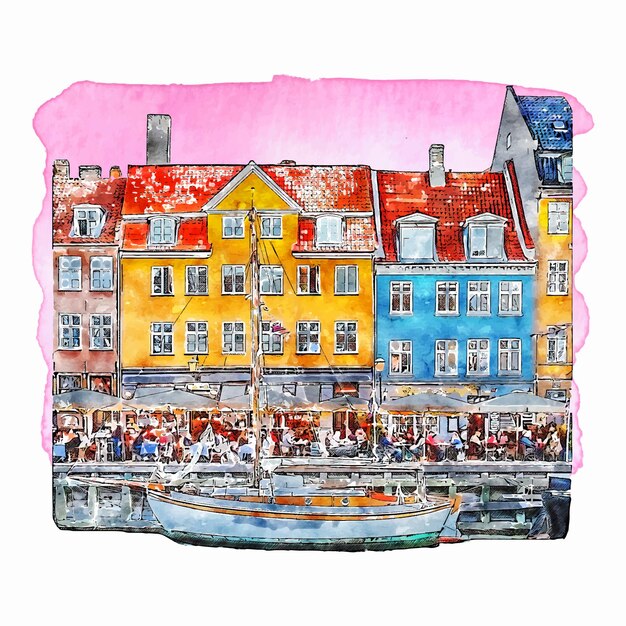 코펜하겐 덴마크 수채화 손으로 그린 그림 흰색 배경에 고립