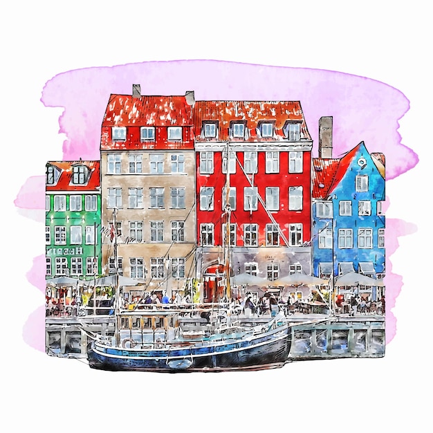 Vector copenhagen denmark watercolor hand drawn illustration isolated on white background