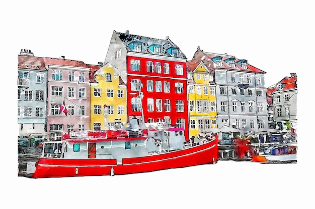 Vector copenhagen denmark watercolor hand drawn illustration isolated on white background