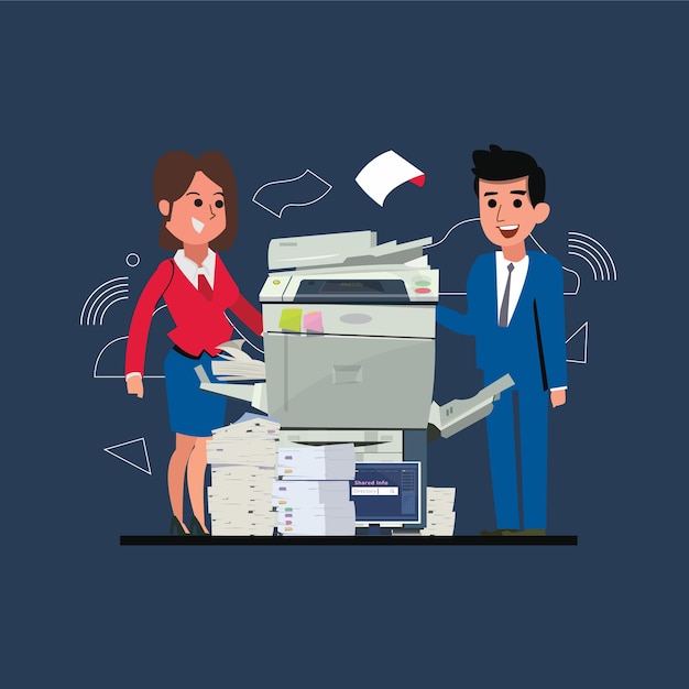 Vettore macchina fotocopiatrice con ufficio uomo e donna