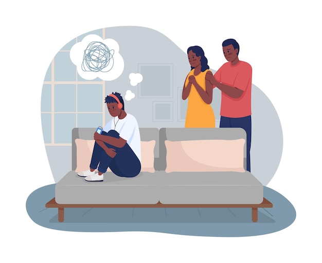 Vector coping with depressed teenager 2d vector isolated illustration. worried parents looking at grumpy son flat characters on cartoon background. adolescent mental wellbeing colourful scene