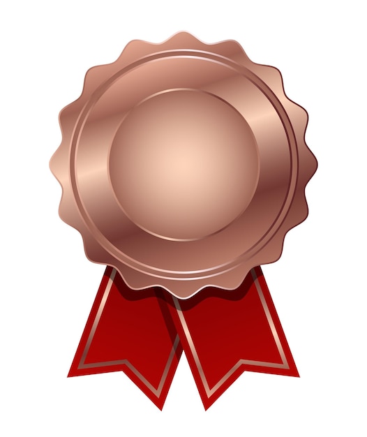 Vettore medaglia di rame con nastro rosso vettoriale. sigillo premio rame. medaglia badge icone premium. modello vuoto