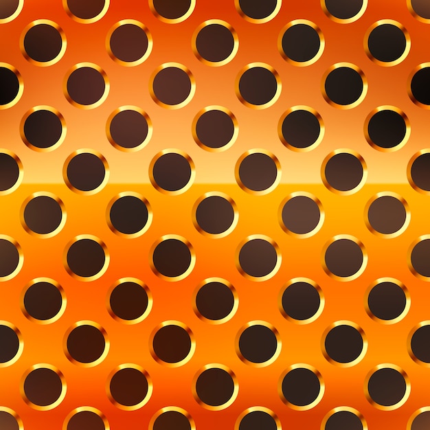 Copper metal grid with round holes on black, seamless pattern