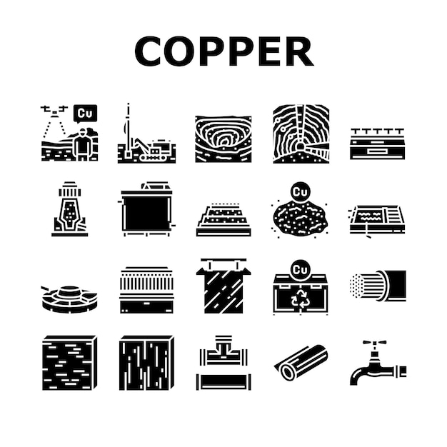 Copper metal production steel icons set vector