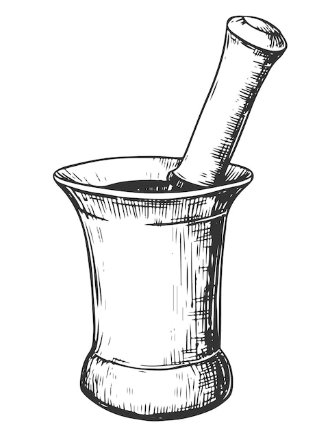 ベクトル 白い背景にハーブを粉砕するための銅モルタル手描きの背景スケッチ彫刻技術で描画アンティーク素朴なキッチン用品プロヴァンス食器