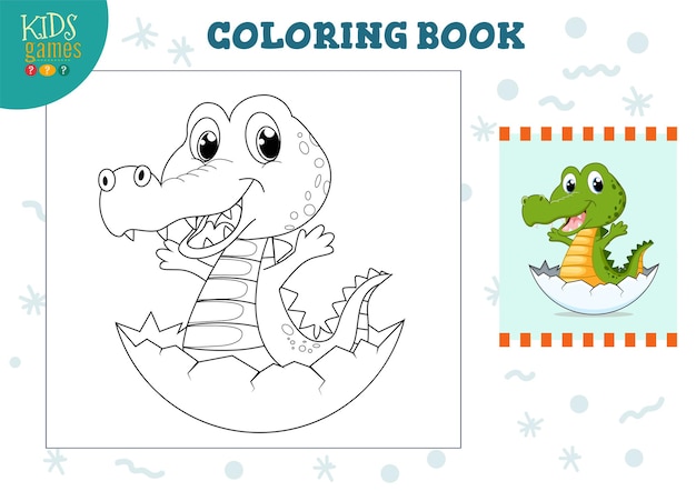 Скопируйте и раскрасьте картинку, упражнение. забавный мультяшный маленький крокодил для рисования и раскраски для детей дошкольного возраста