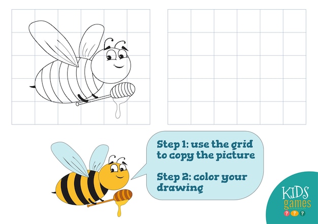 Copy and color picture, exercise. funny bee cartoon character for drawing and coloring game for preschool kids