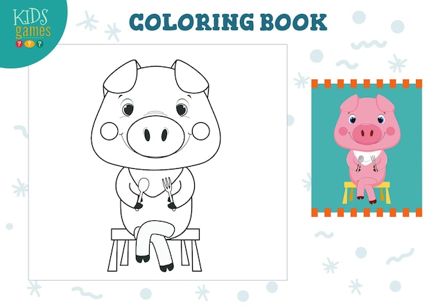 Copy and color picture , exercise. Funny cartoon pig with neck napkin for drawing mini game