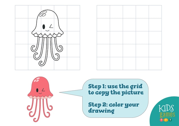 Copy and color picture   illustration exercise Funny cartoon pink jellyfish for how to draw and color mini game for preschool kids