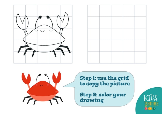 Copy and color picture   illustration exercise Funny cartoon red crab for how to draw and color mini game for preschool kids