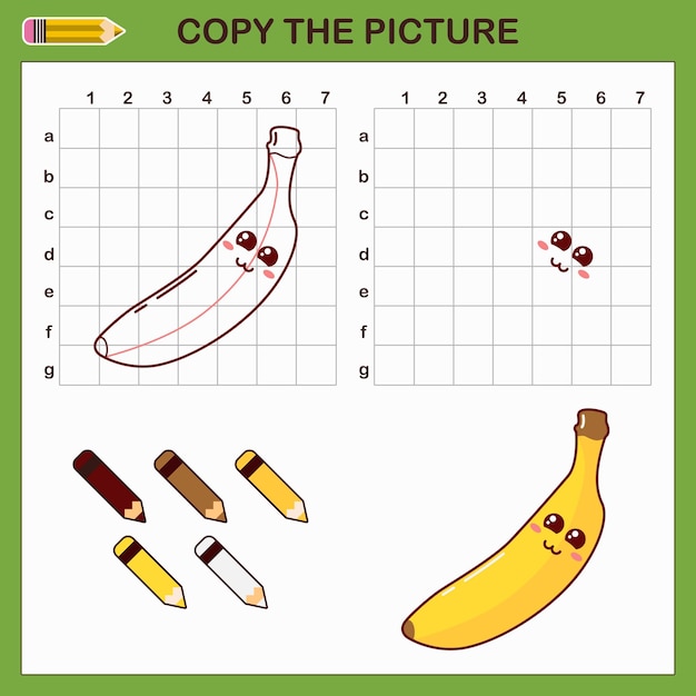 Copy drawing of banana. Vector draw worksheet with cute banana. Education game for kids.