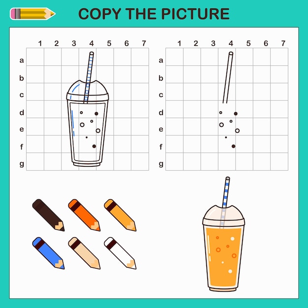 カクテルの図面をコピーします。かわいいカクテルを使ったベクター描画ワークシート。子供向けの教育ゲーム。