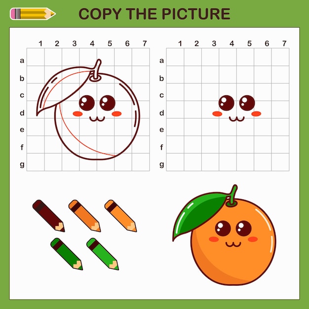 오렌지의 그림을 복사합니다. 귀여운 오렌지가 있는 벡터 그리기 워크시트입니다. 아이들을 위한 교육 게임.