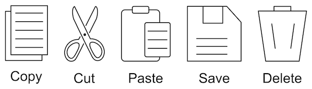 코피, 페이스트, 절단, 저장 및 삭제 아이콘