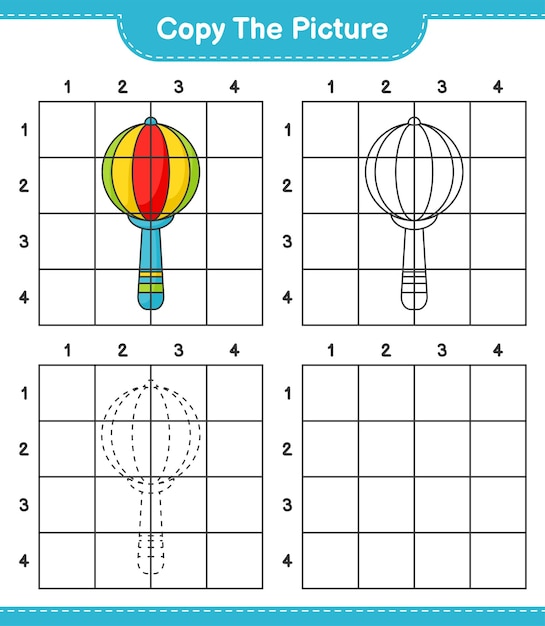 Copia l'immagine copia l'immagine di baby rattle utilizzando le linee della griglia gioco educativo per bambini foglio di lavoro stampabile illustrazione vettoriale