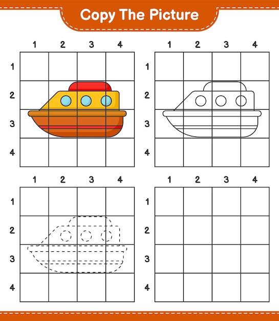 Copy the picture copy the picture of Boat using grid lines Educational children game printable worksheet vector illustration