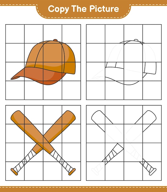 Copy the picture, copy the picture of Cap Hat and Baseball Bat using grid lines. Educational children game, printable worksheet, vector illustration