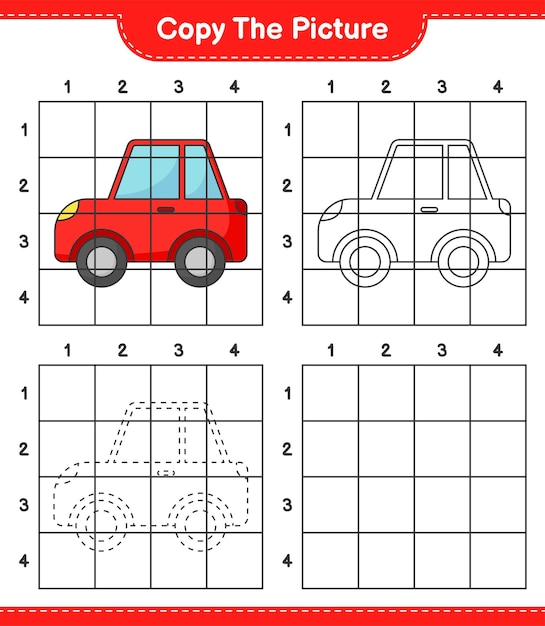 Copy the picture copy the picture of Car using grid lines Educational children game printable worksheet vector illustration