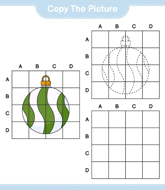 Copia l'immagine, copia l'immagine della palla di natale usando le linee della griglia. gioco educativo per bambini, foglio di lavoro stampabile, illustrazione vettoriale