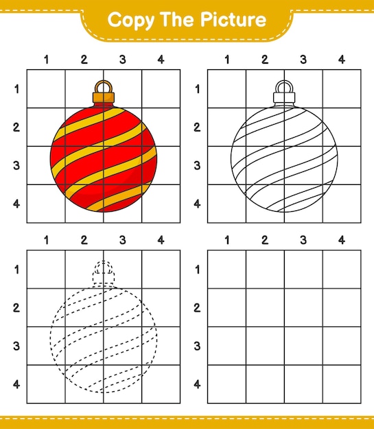 Copy the picture, copy the picture of christmas ball using grid lines. educational children game, printable worksheet, vector illustration