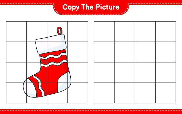 그림을 복사하고 격자선을 사용하여 크리스마스 양말 그림을 복사합니다. 교육 어린이 게임, 인쇄용 워크시트, 벡터 일러스트 레이 션
