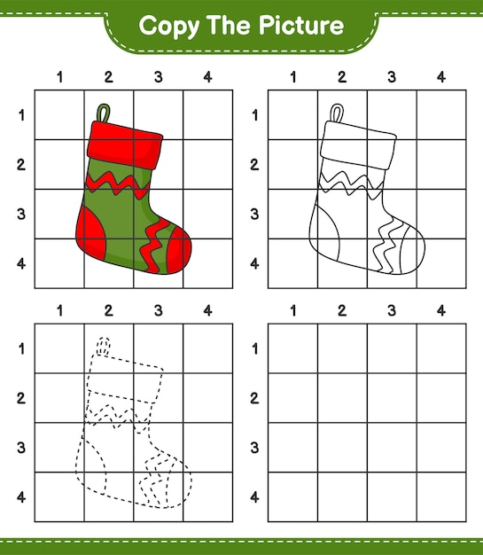 Copy the picture, copy the picture of Christmas Sock using grid lines. Educational children game, printable worksheet, vector illustration