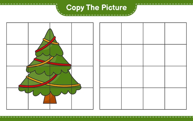 写真をコピーし、グリッド線を使用してクリスマスツリーの写真をコピーします。教育的な子供たちのゲーム、印刷可能なワークシート、ベクトル図
