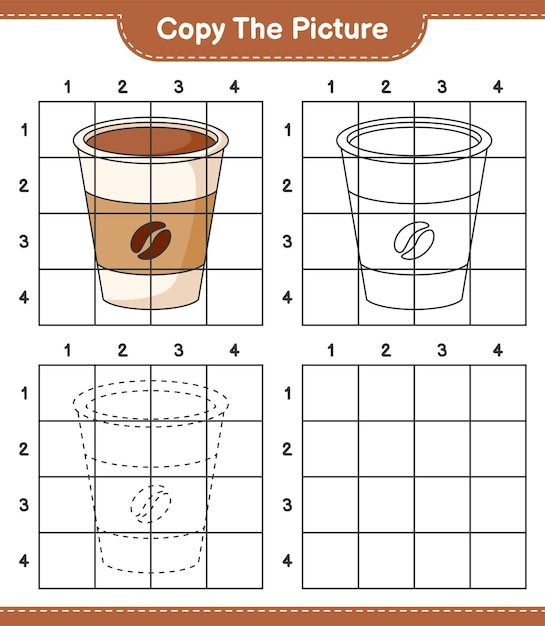 写真をコピーするグリッド線を使用してコーヒーカップの写真をコピーする教育的な子供向けゲーム印刷可能なワークシートベクトル図