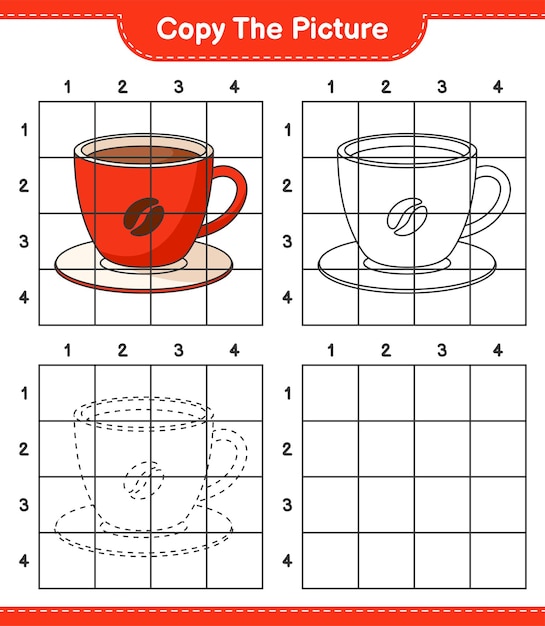 Copy the picture copy the picture of coffee cup using grid lines educational children game printable worksheet vector illustration